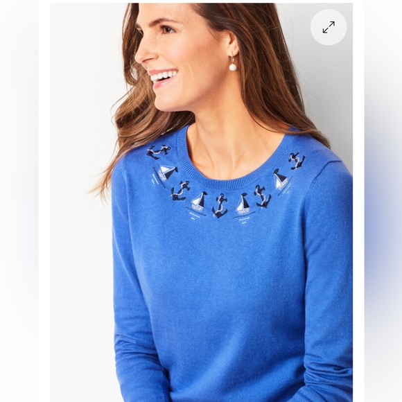 Talbots Blue Embellished Sailboats & Anchors Nautical Crewneck Sweater - Picture 1 of 6